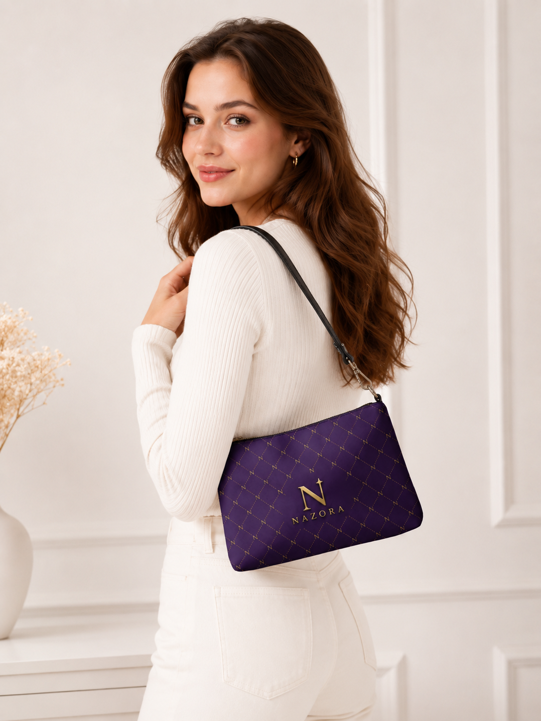 Nazora Signature Wristlet | Luxury Purple & Gold Designer Clutch Bag