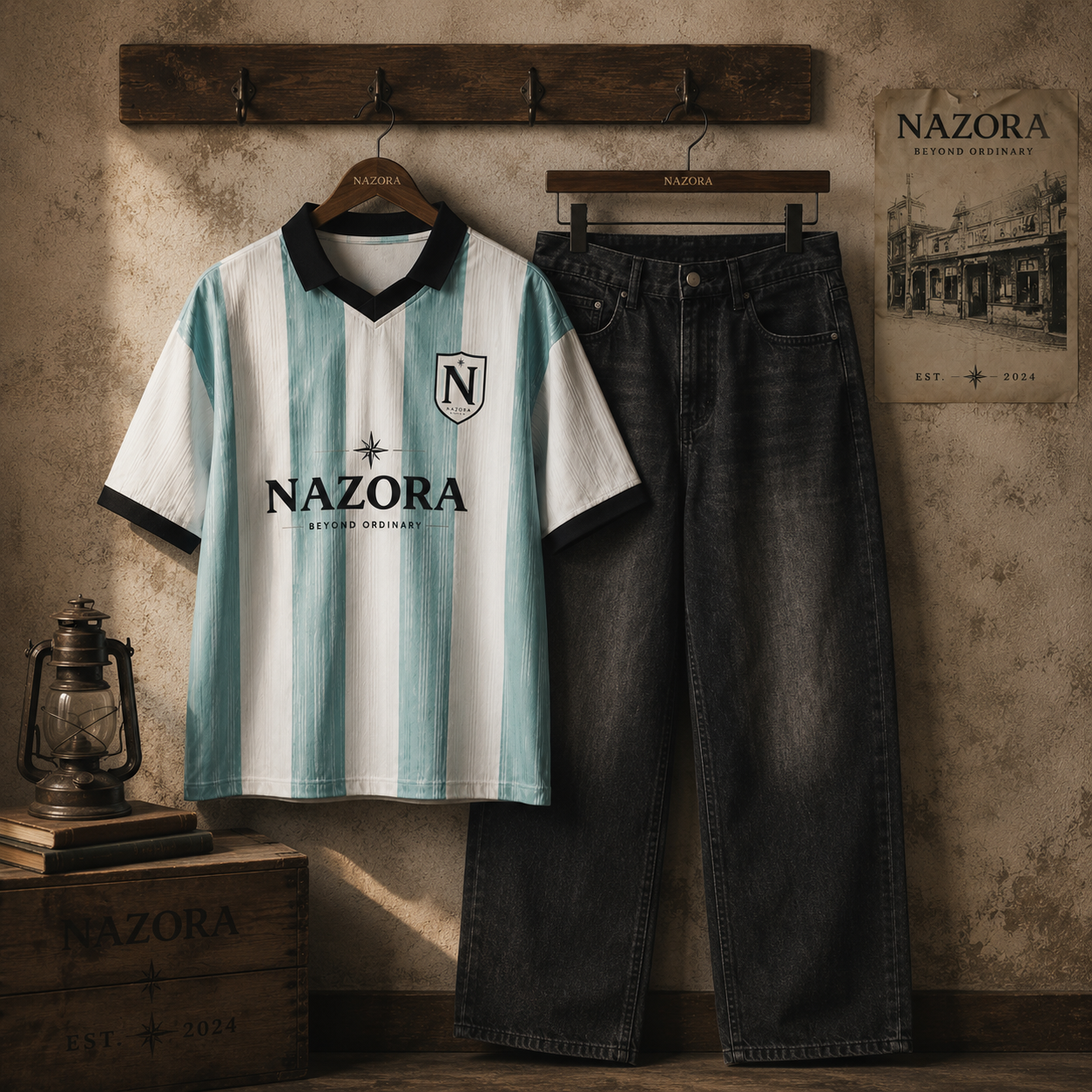Nazora Heritage Stripe Shirt & Vintage Wash Barrel Leg Jeans