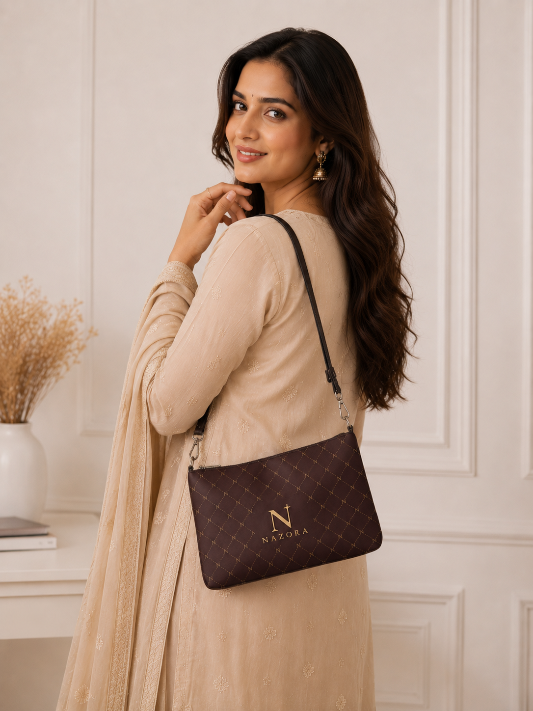 Nazora Signature Wristlet – Luxury Plum & Gold Monogram Clutch