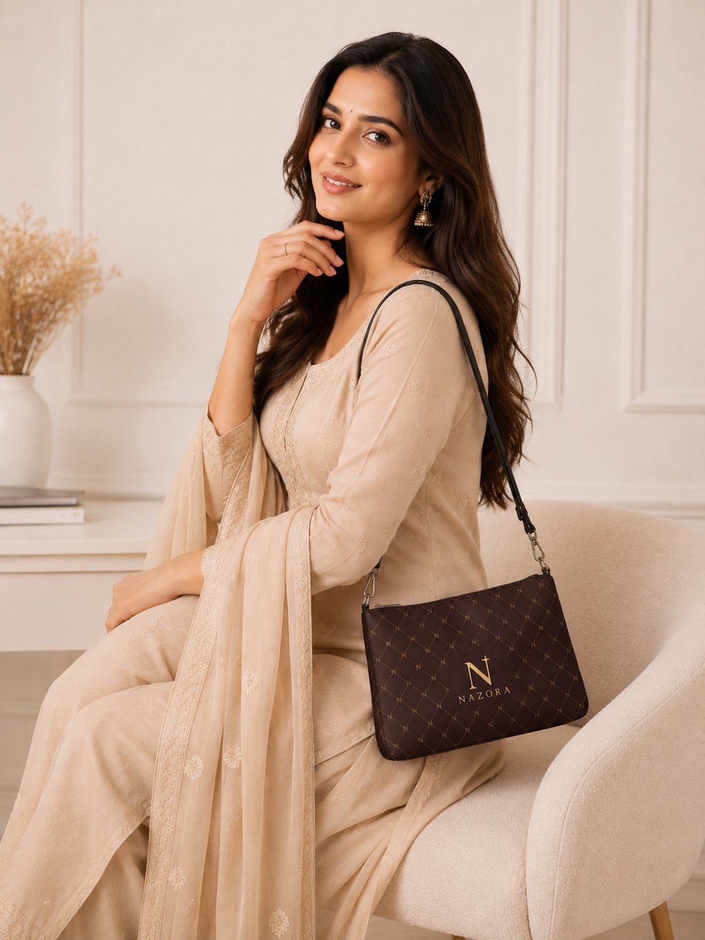 Nazora Signature Wristlet – Luxury Plum & Gold Monogram Clutch