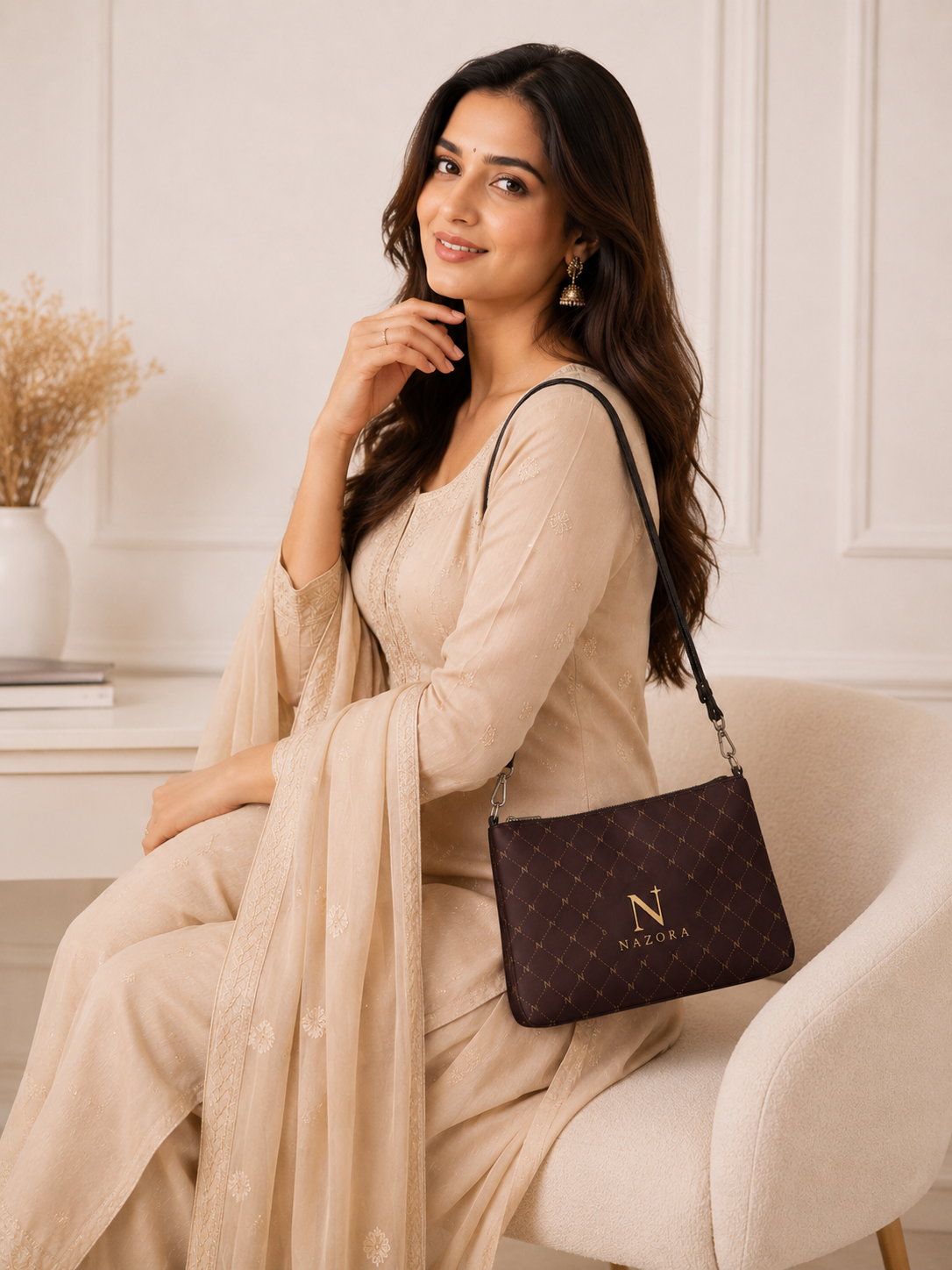 Nazora Signature Wristlet – Luxury Plum & Gold Monogram Clutch