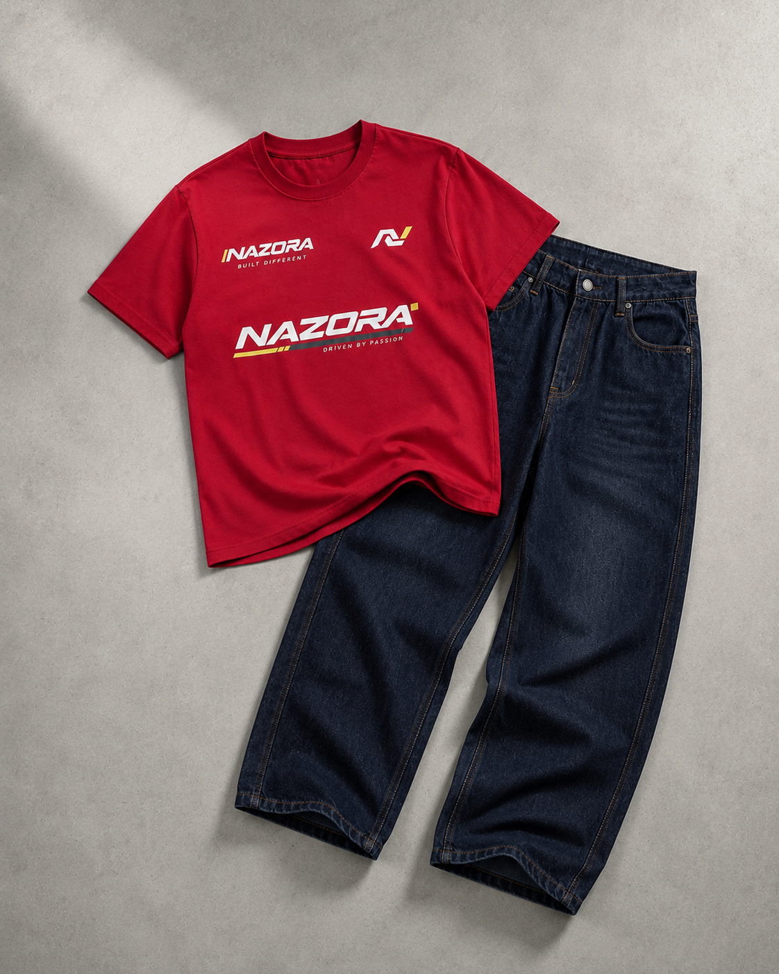 Nazora Urban Drift Red Graphic Tee & Premium Baggy Jeans Outfit